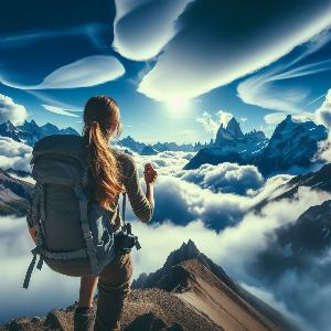 female backpacker hiking up a mountain on blue sky with puffy white clouds-1